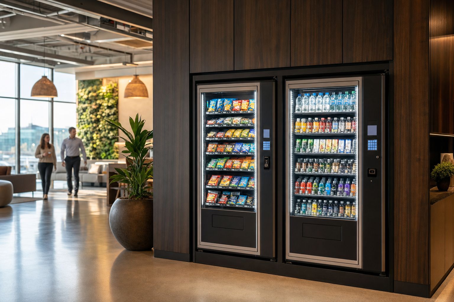 Modern vending machines in a bright office breakout area