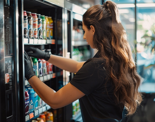 Team member restocking a vending machine with fresh drinks